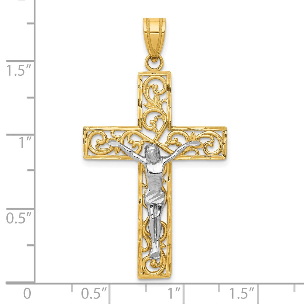 10K Two-tone D/C Large Block Filigree Cross w/Crucifix Pendant-10C4394