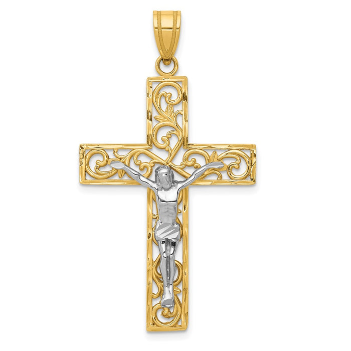 10K Two-tone D/C Large Block Filigree Cross w/Crucifix Pendant-10C4394