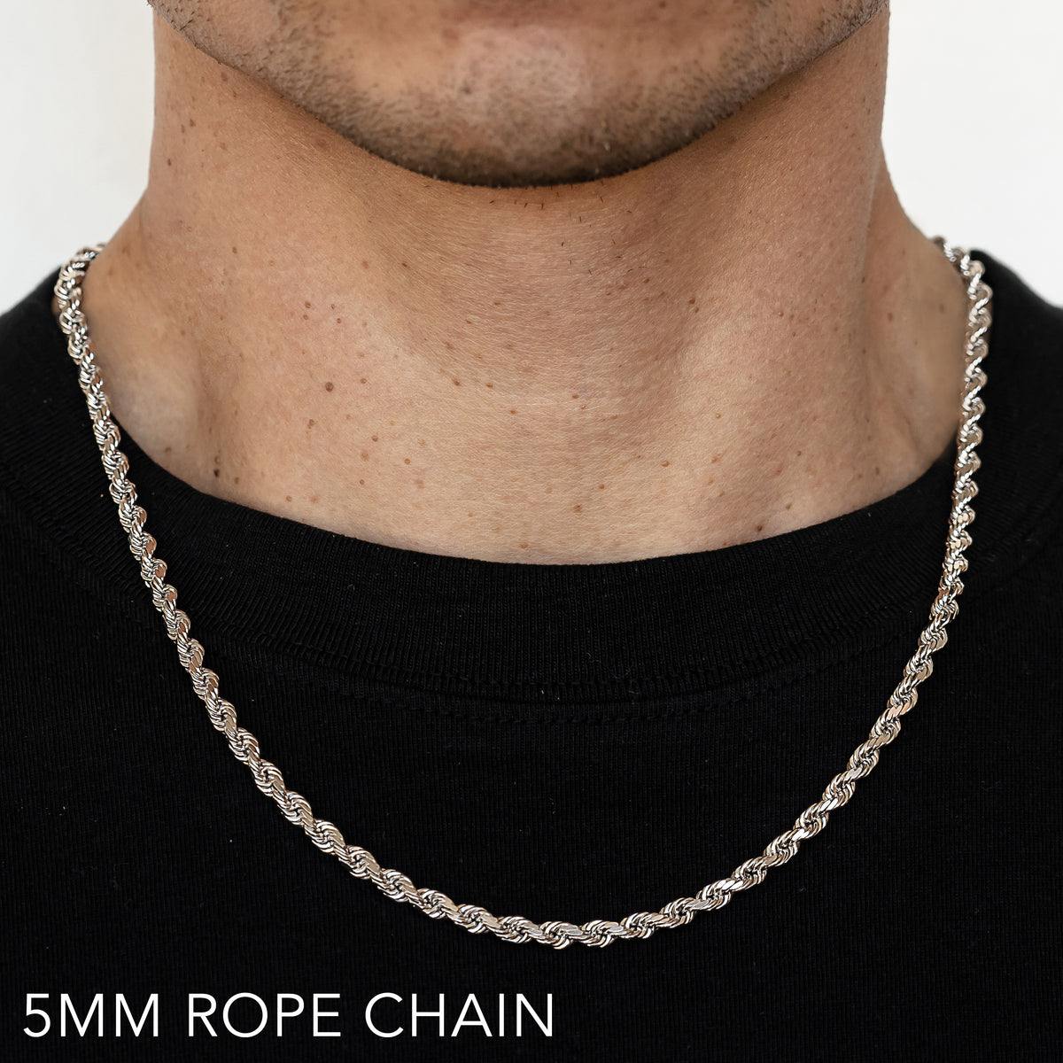 14K 5MM WHITE GOLD SOLID DC ROPE 24" CHAIN NECKLACE (AVAILABLE IN LENGTHS 7" - 30")