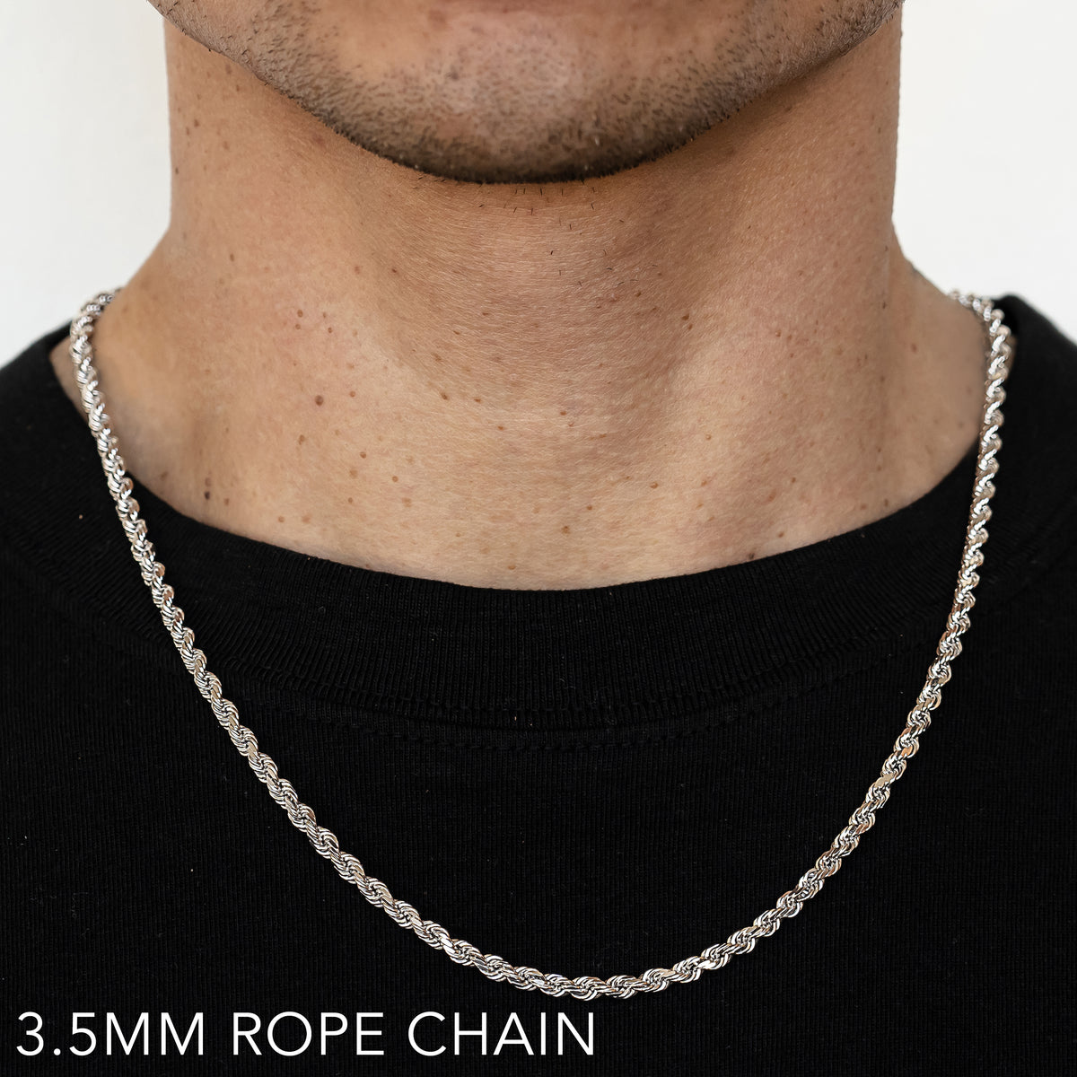 14K 3.5MM WHITE GOLD SOLID DC ROPE 30" CHAIN NECKLACE (AVAILABLE IN LENGTHS 7" - 30")