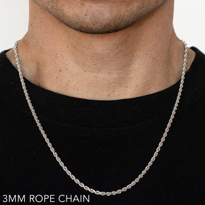 10K 3MM WHITE GOLD SOLID DC ROPE 16" CHAIN NECKLACE (AVAILABLE IN LENGTHS 7" - 30")