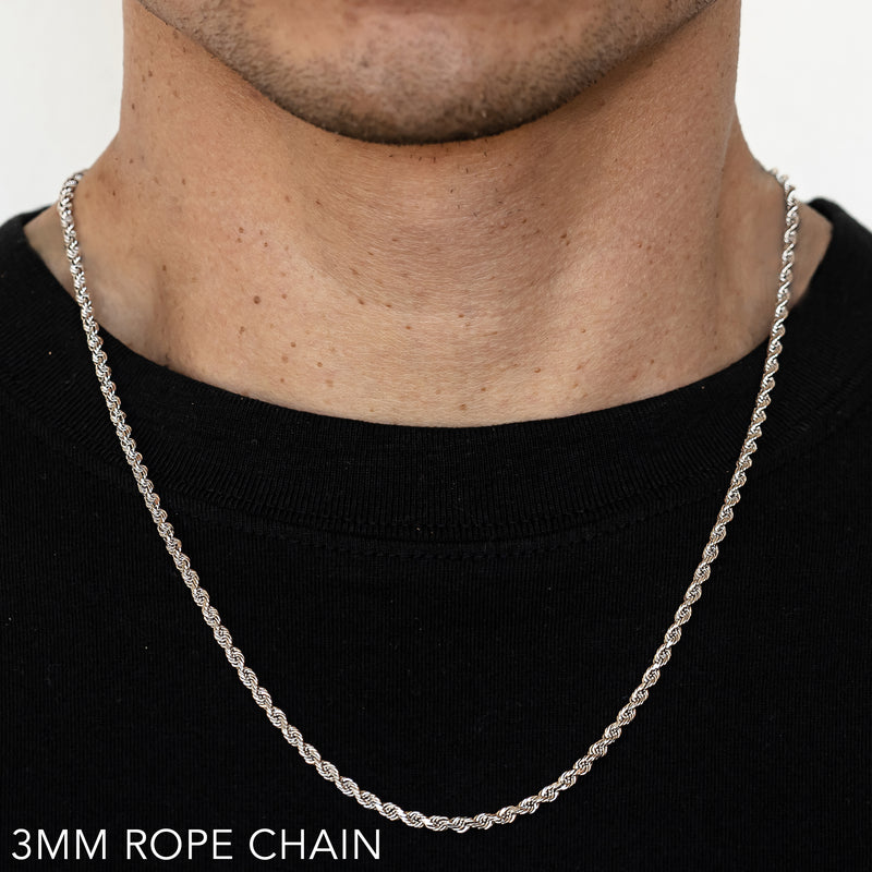 14K 3MM WHITE GOLD SOLID DC ROPE 26" CHAIN NECKLACE (AVAILABLE IN LENGTHS 7" - 30")