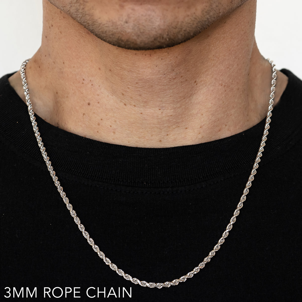 14K 3MM WHITE GOLD SOLID DC ROPE 24" CHAIN NECKLACE (AVAILABLE IN LENGTHS 7" - 30")