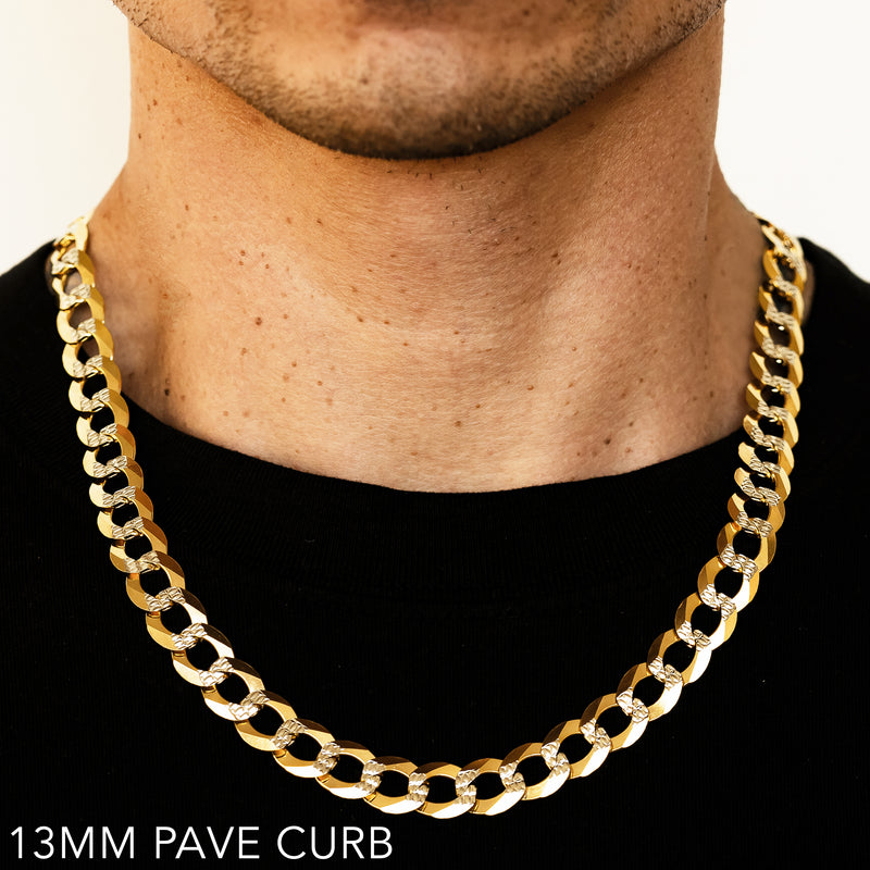 14K 13MM YELLOW GOLD SOLID PAVE CURB 18" CHAIN NECKLACE (AVAILABLE IN LENGTHS 7" - 30")