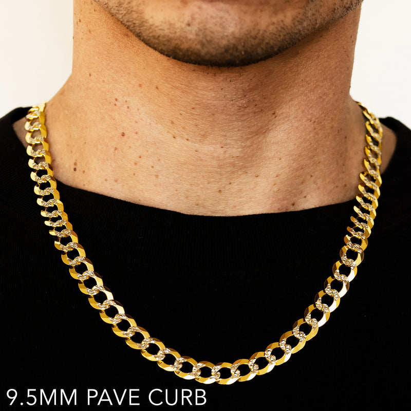 14K 9.5MM YELLOW GOLD SOLID PAVE CURB 24" CHAIN NECKLACE (AVAILABLE IN LENGTHS 7" - 30")