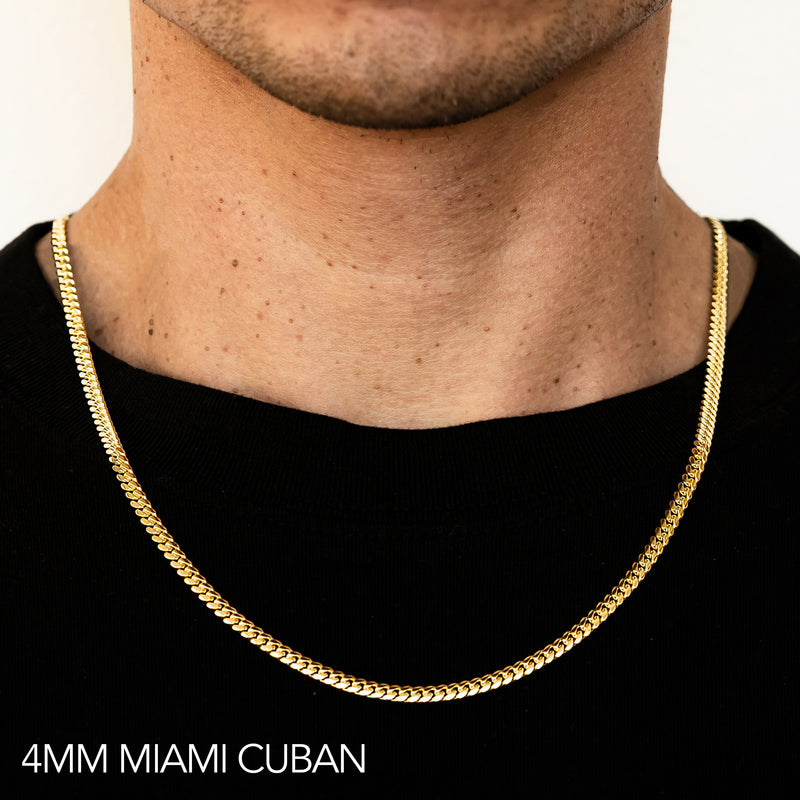 10K 4MM YELLOW GOLD SOLID MIAMI CUBAN 18" CHAIN NECKLACE (AVAILABLE IN LENGTHS 7" - 30")