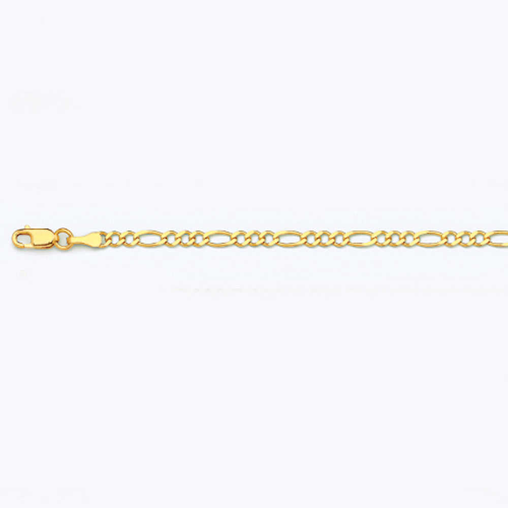 10K 2.5MM YELLOW GOLD SOLID FIGARO 7" CHAIN BRACELET (AVAILABLE IN LENGTHS 7" - 30")