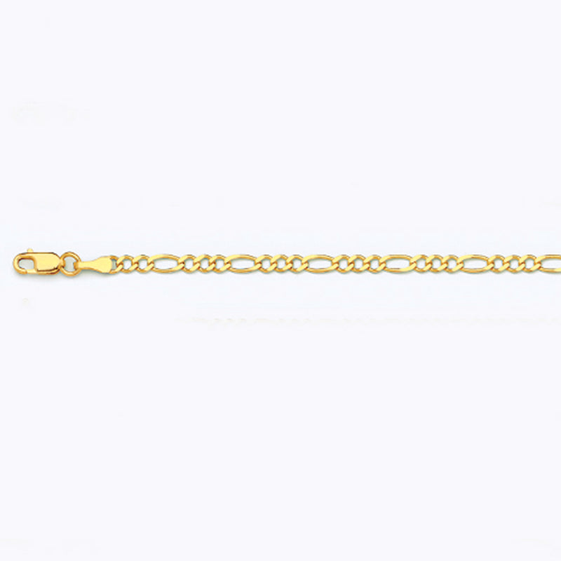 10K 2.5MM YELLOW GOLD SOLID FIGARO 7" CHAIN BRACELET (AVAILABLE IN LENGTHS 7" - 30")