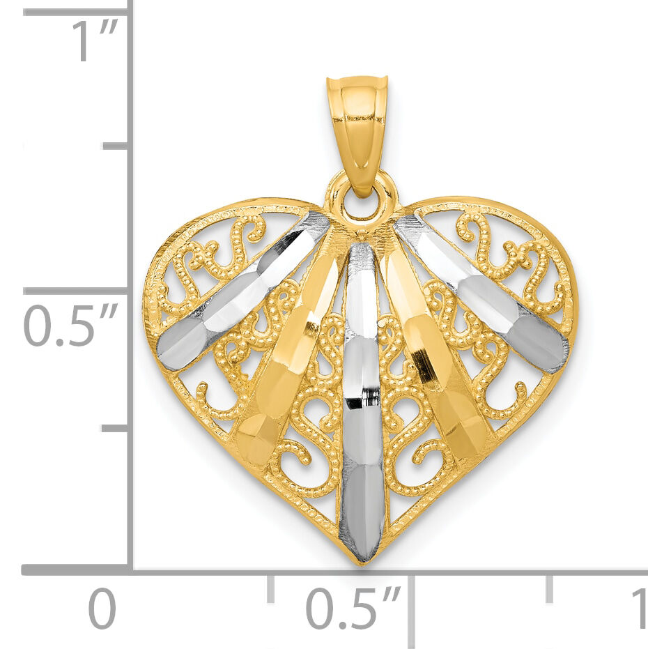10K w/Rhodium Diamond-Cut Filigree Heart Pendant-10C944