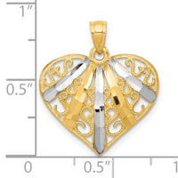 10K w/Rhodium Diamond-Cut Filigree Heart Pendant-10C944
