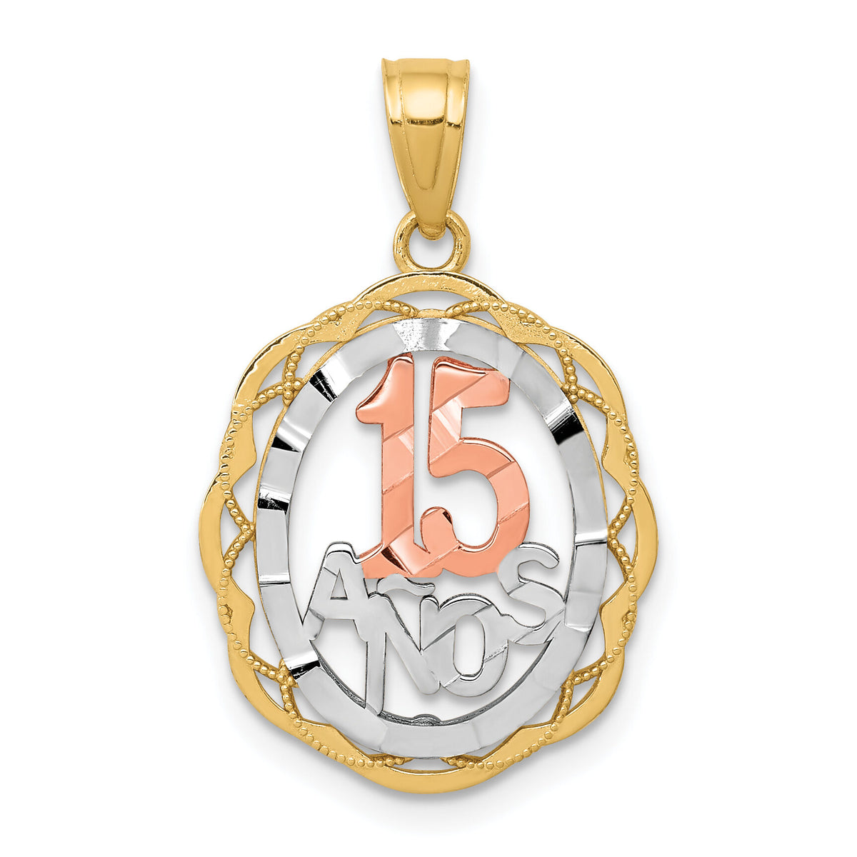10K Two-tone w/White Rhodium Sweet 15 ANOS Oval Pendant-10C973