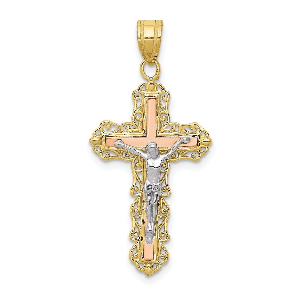 10K Tri-color Diamond-cut Crucifix Pendant-10D3644