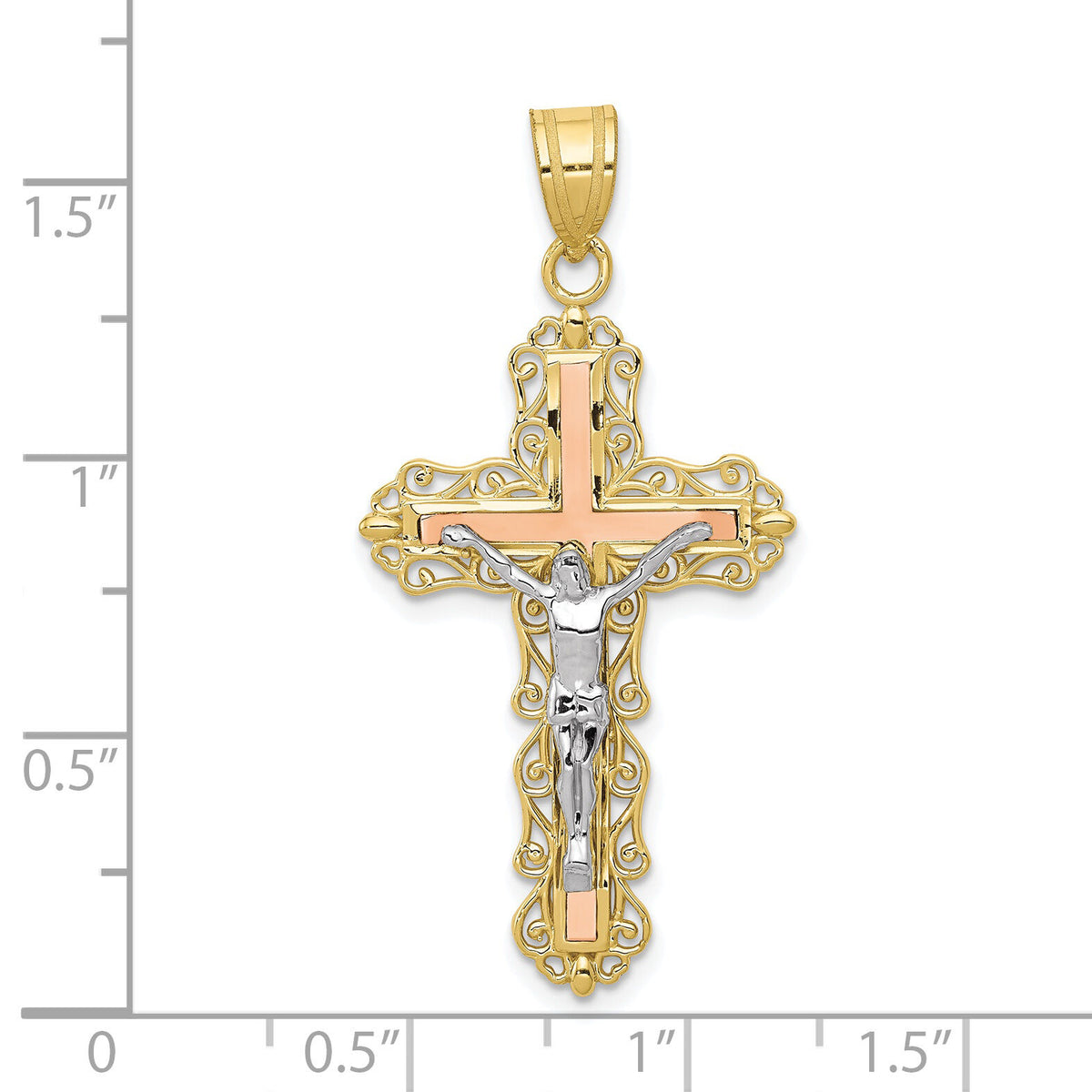 10K Tri-color Diamond-cut Crucifix Pendant-10D3645