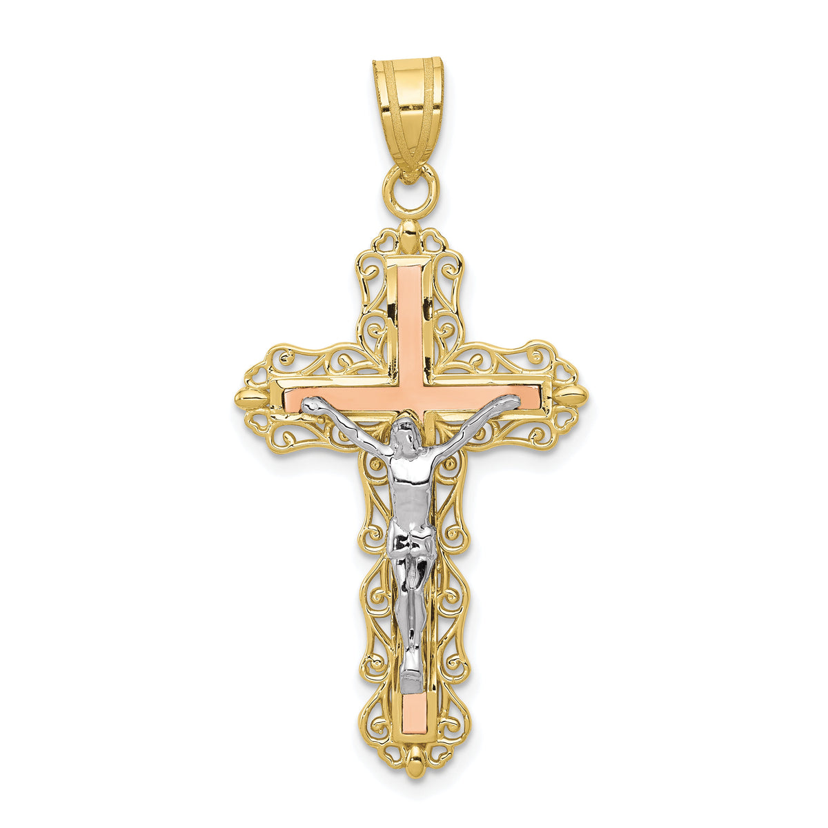 10K Tri-color Diamond-cut Crucifix Pendant-10D3645
