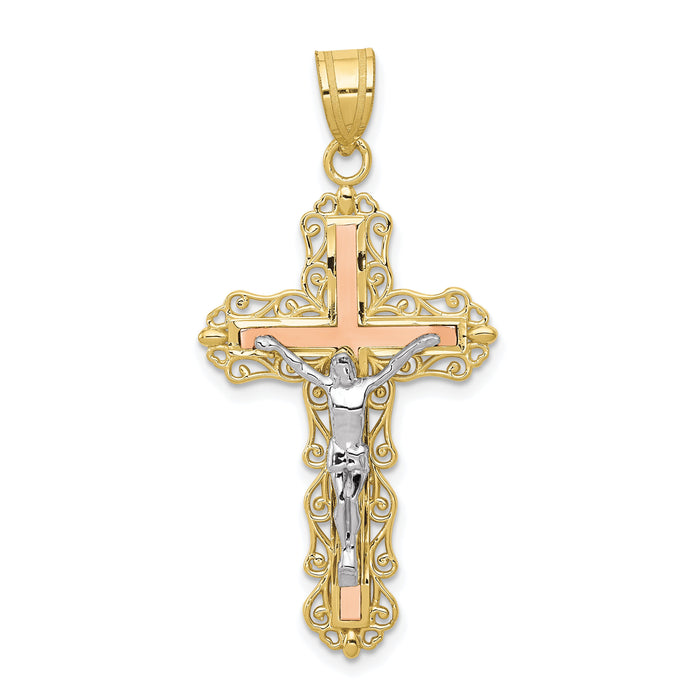 10K Tri-color Diamond-cut Crucifix Pendant-10D3645