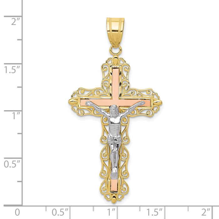 10K Tri-color Diamond-cut Crucifix Pendant-10D3646