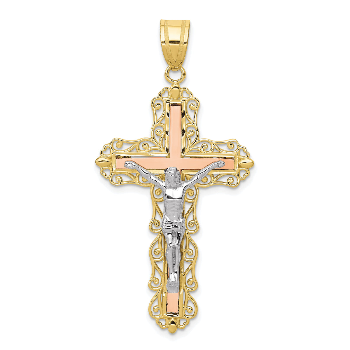 10K Tri-color Diamond-cut Crucifix Pendant-10D3646