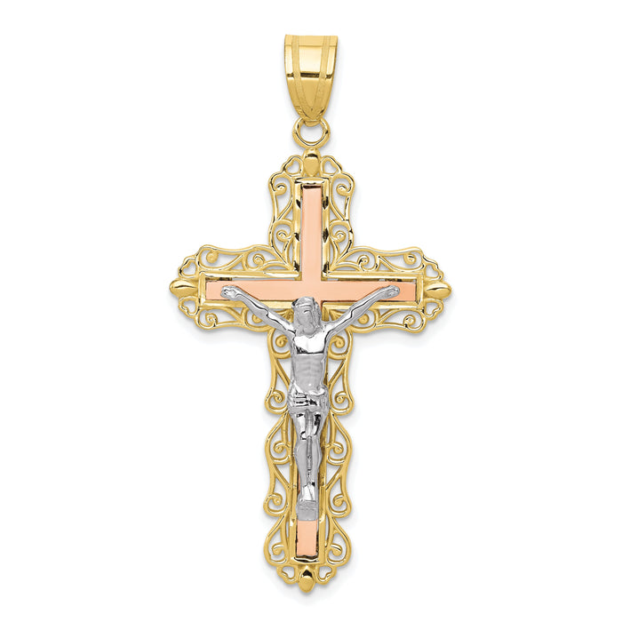 10K Tri-color Diamond-cut Crucifix Pendant-10D3646