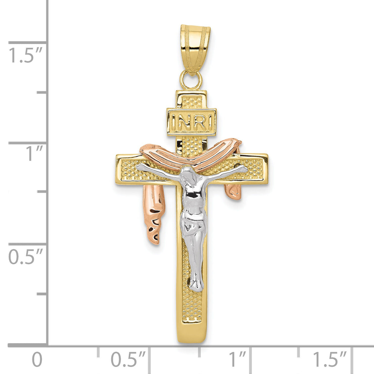 10K Tri-color Large Draped INRI Crucifix Pendant-10D4322
