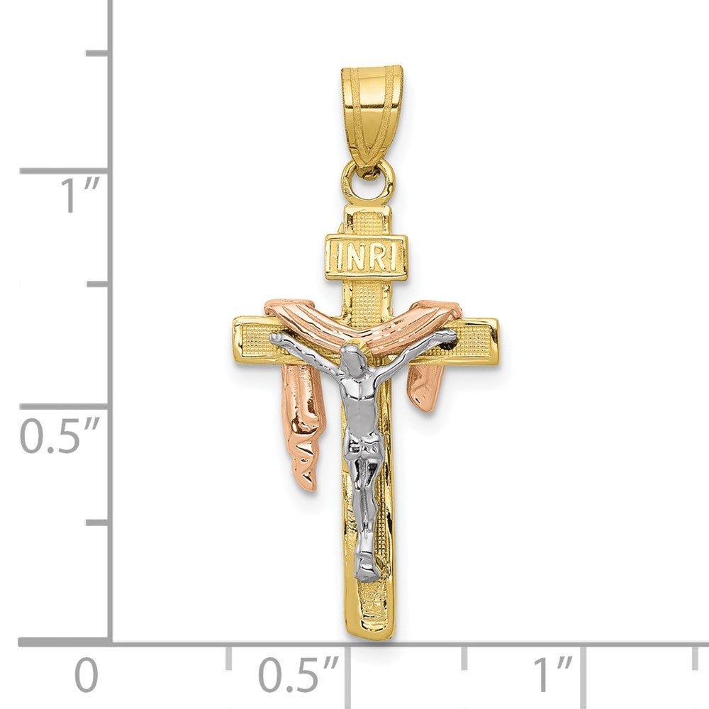 10K Tri-color Diamond-cut Small Draped INRI Crucifix Pendant-10D4323