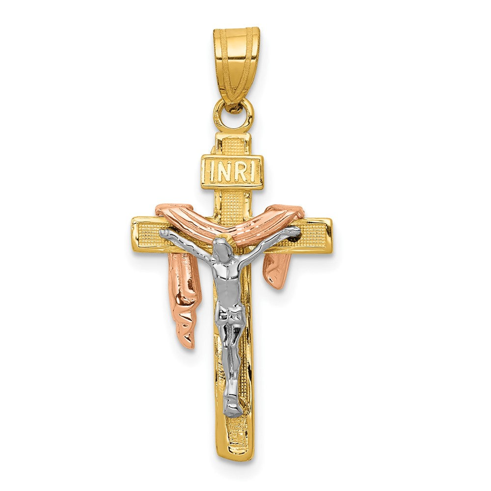 10K Tri-color Diamond-cut Small Draped INRI Crucifix Pendant-10D4323