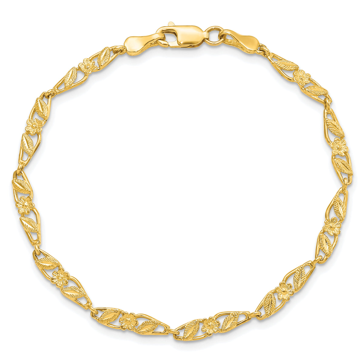 10k Solid Polished Open Back Flower & Leaf Bracelet-10DC17-7
