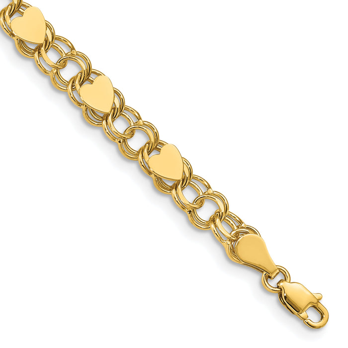 10k Double Link with Hearts Charm Bracelet-10DO500-8