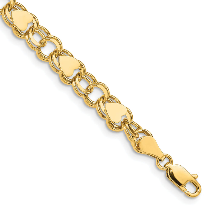 10k Double Link with Hearts Charm Bracelet-10DO501-7