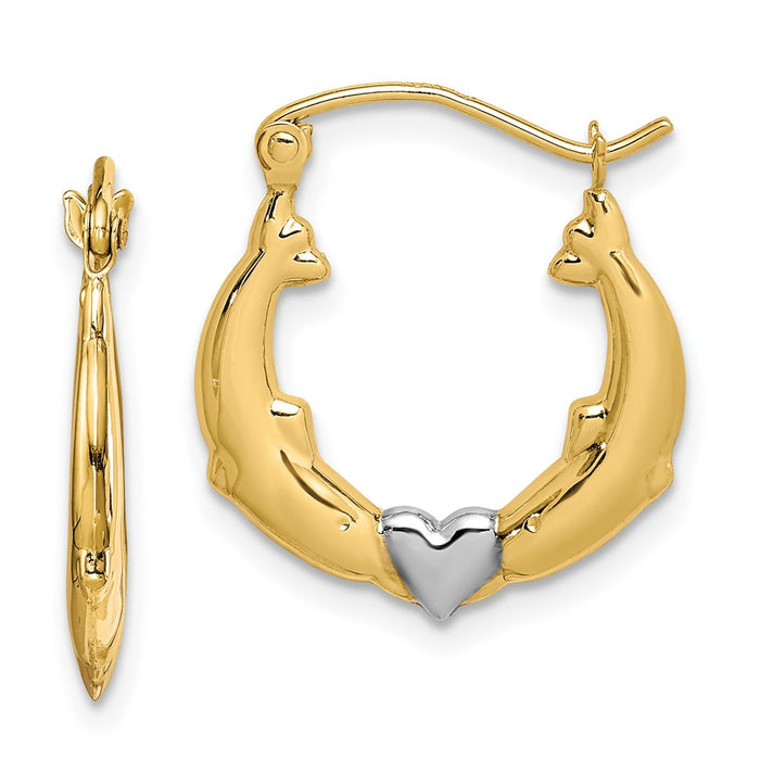 10K and Rhodium Dolphin Heart Hollow Hoop Earrings-10ER272