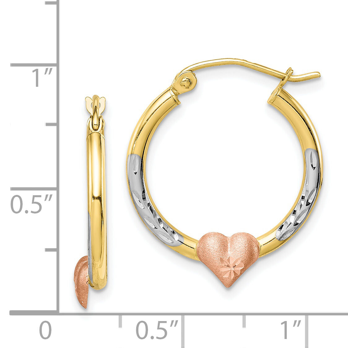 10k Two-tone & White Rhodium D/C Heart Hoop Earrings-10ER303
