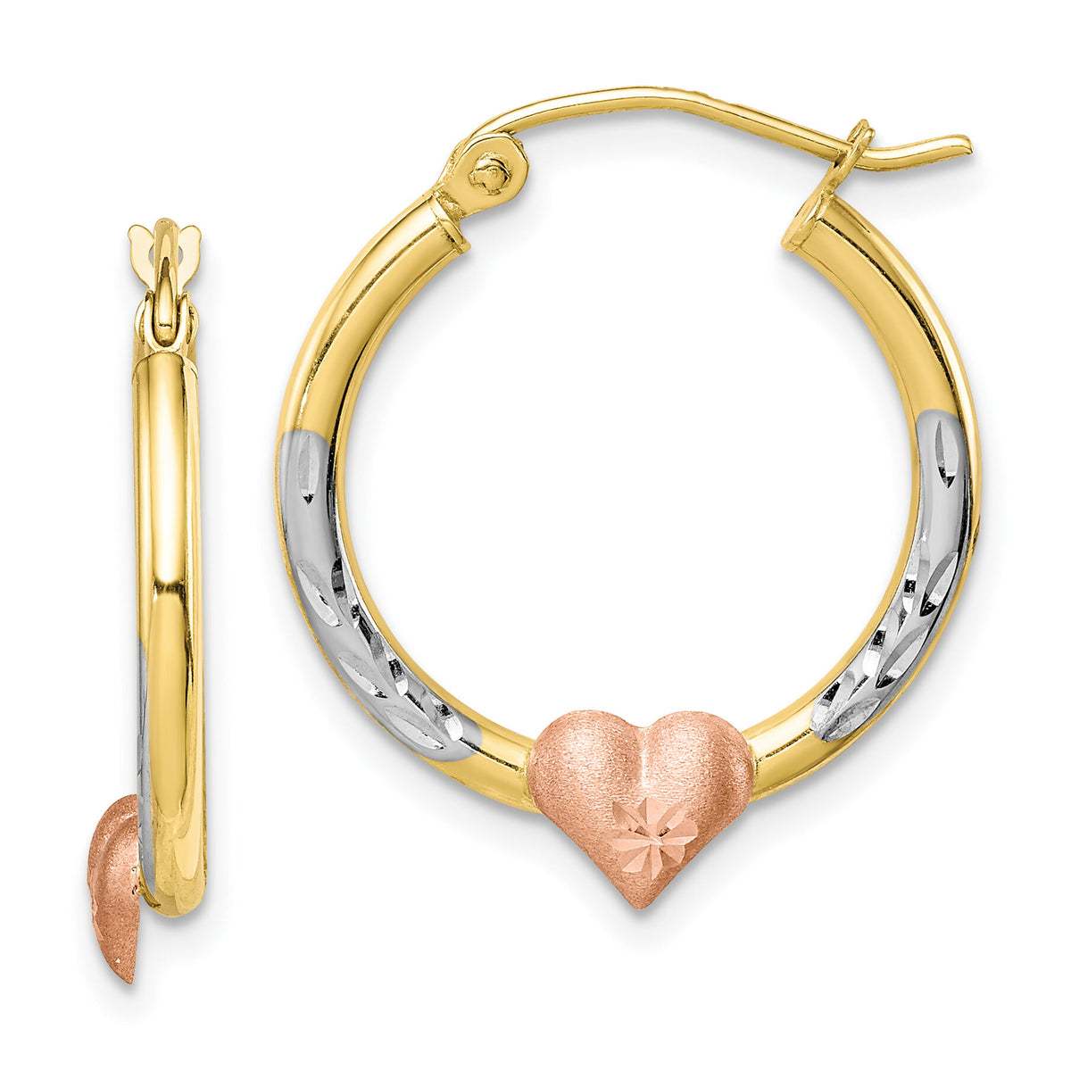 10k Two-tone & White Rhodium D/C Heart Hoop Earrings-10ER303
