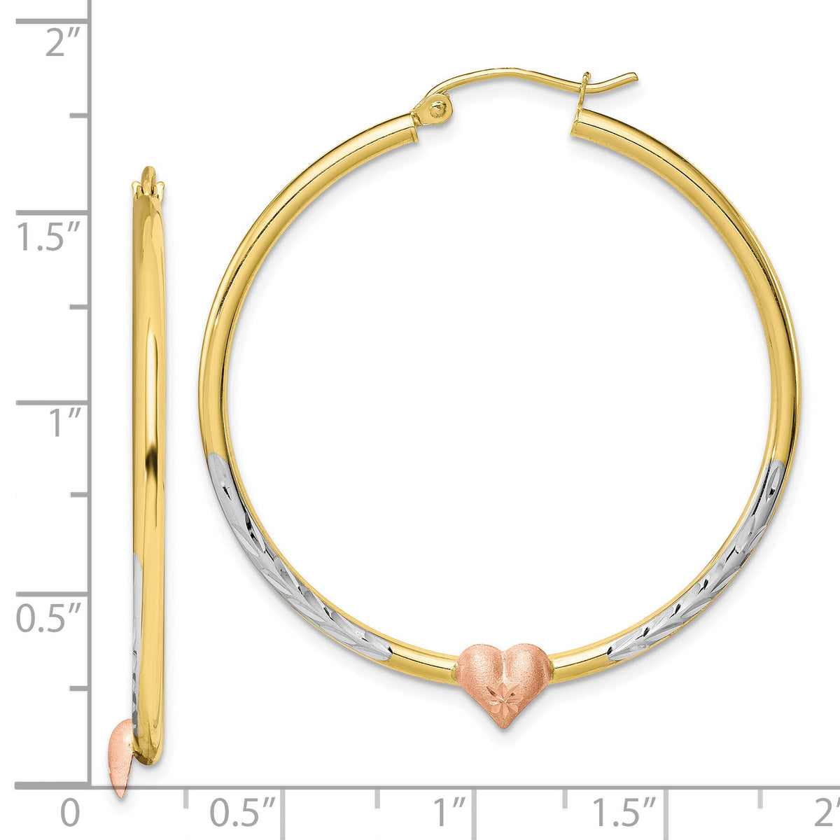 10k Two-tone & White Rhodium D/C Heart Hoop Earrings-10ER305