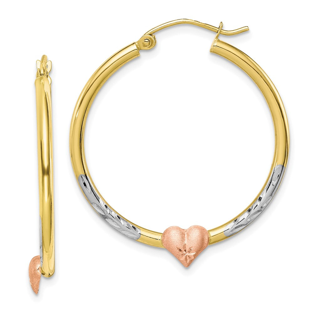 10k Two-tone and White Rhodium Diamond Cut Heart Hoop Earrings-10ER306
