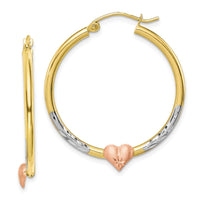 10k Two-tone and White Rhodium Diamond Cut Heart Hoop Earrings-10ER306