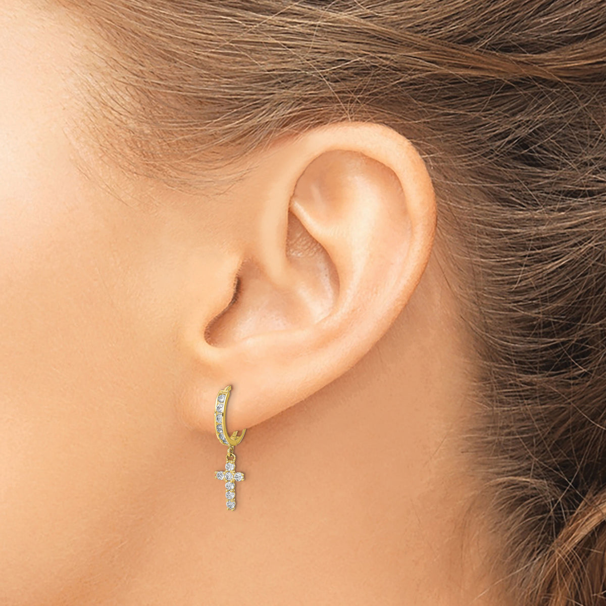 10K CZ Cross Hinged Hoop Earrings-10ER316