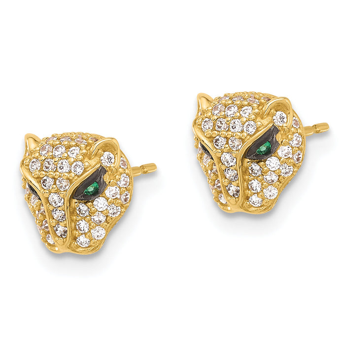 10K Polished Clear & Green CZ Lioness Head Post Earrings-10ER363