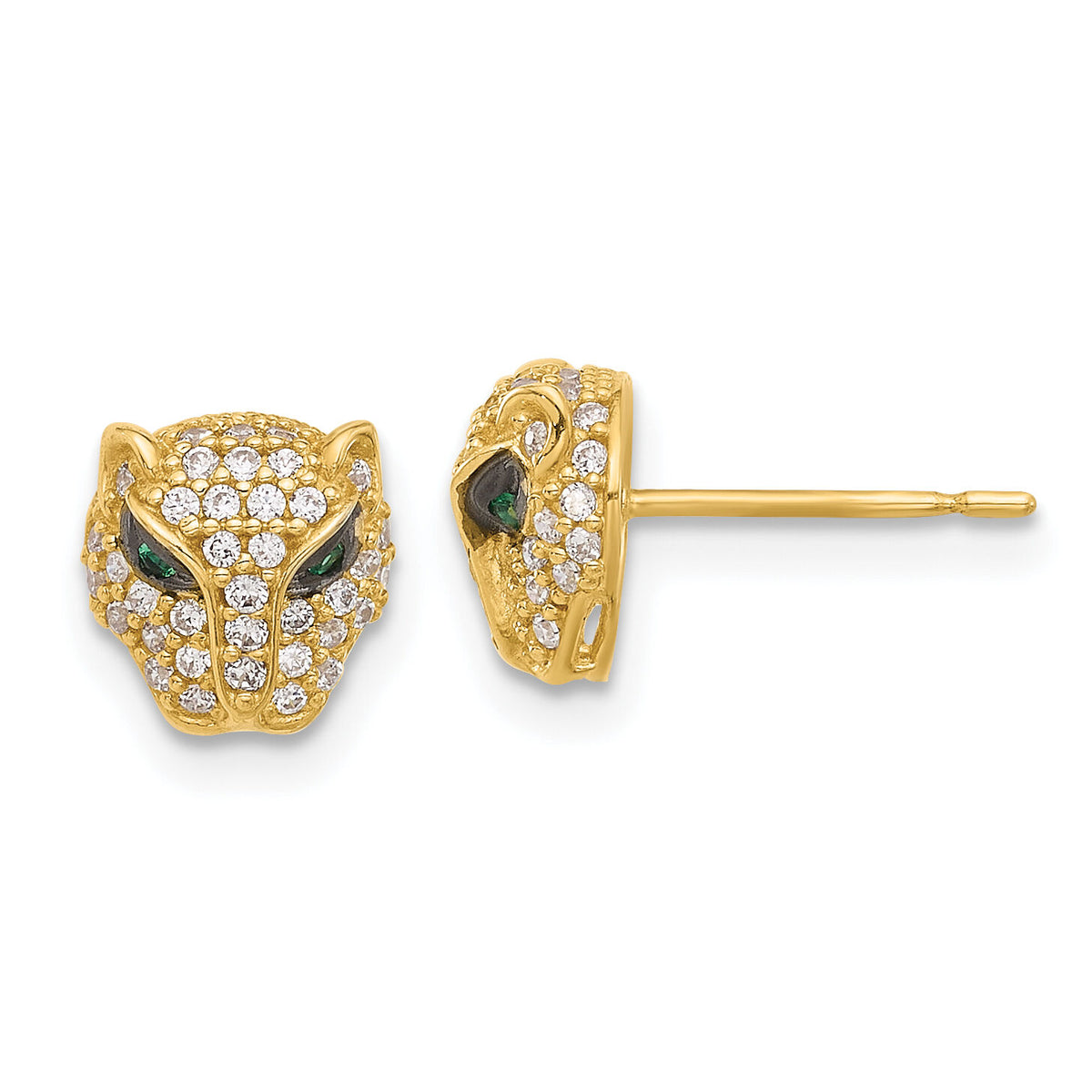 10K Polished Clear & Green CZ Lioness Head Post Earrings-10ER363