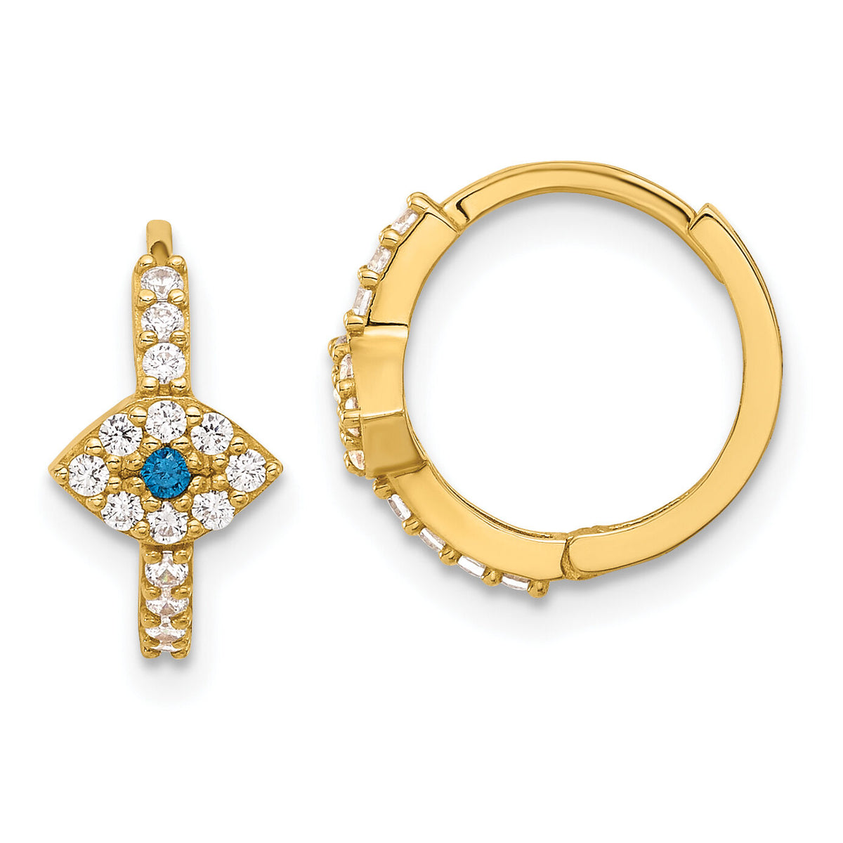 10K Polished Clear & Blue CZ Evil Eye Hinged Hoop Earrings-10ER365