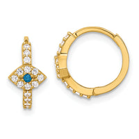 10K Polished Clear & Blue CZ Evil Eye Hinged Hoop Earrings-10ER365