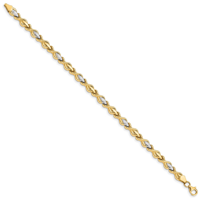 10K w/Rhodium Polished and Satin Link Bracelet-10FB1478-7.25