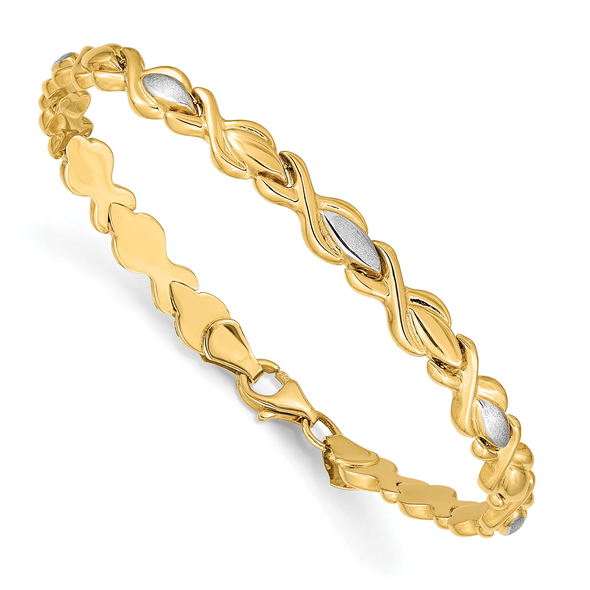 10K w/Rhodium Polished and Satin Link Bracelet-10FB1478-7.25
