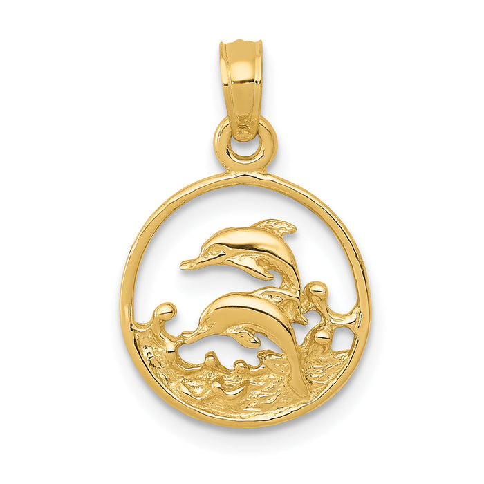 10K Double Dolphin Circle Pendant-10K3018