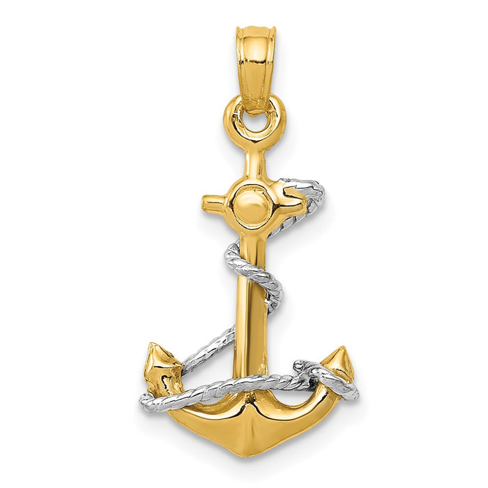 10K Two-Tone 3D Anchor W/Rope Pendant-10K3074