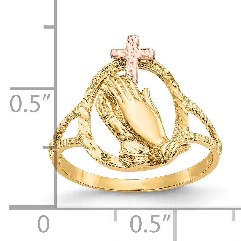 10K Two-tone Diamond Cut Praying Hands Cross Ring-10K3965