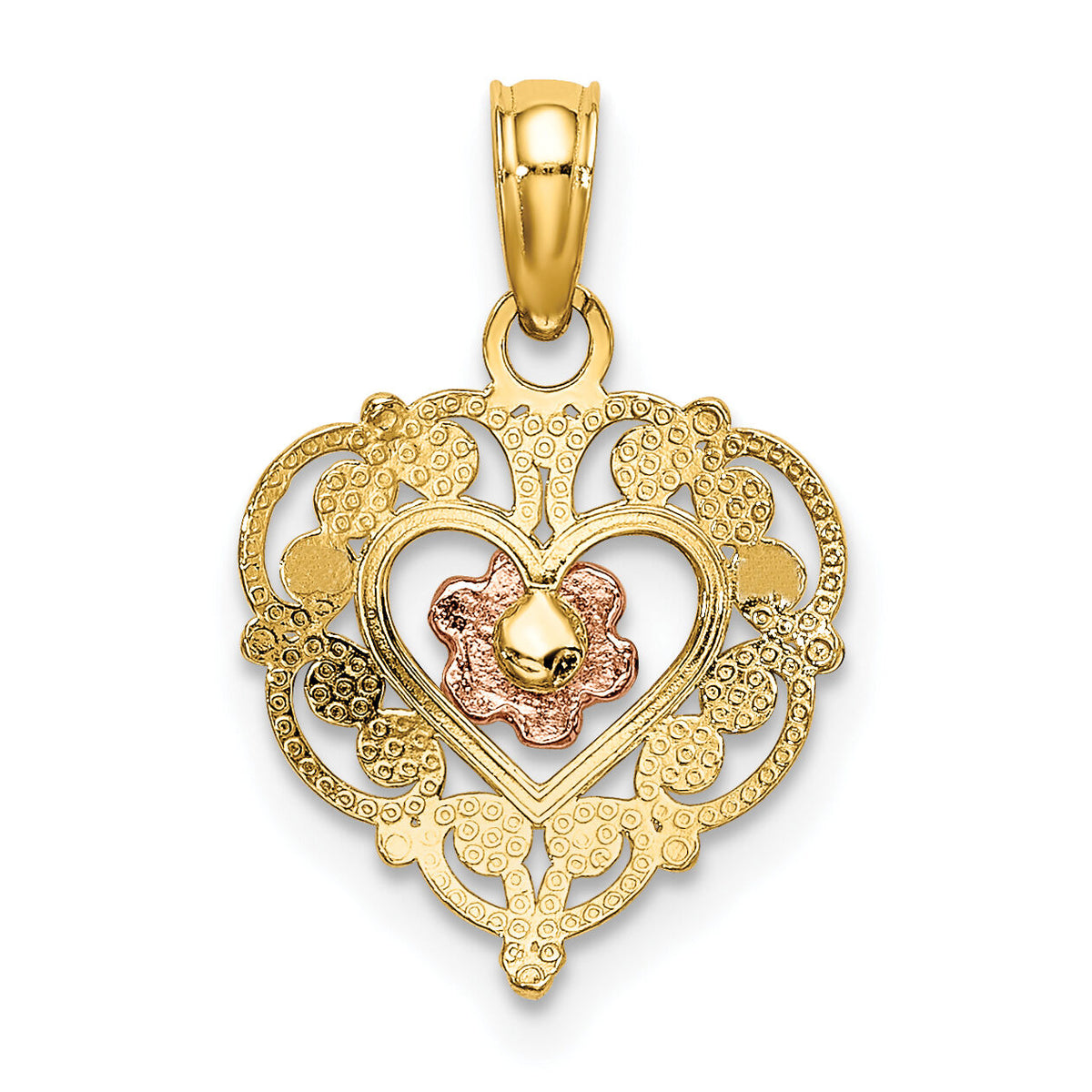 10K Two-tone Polished Flower in Fancy Border Heart Pendant-10K4012
