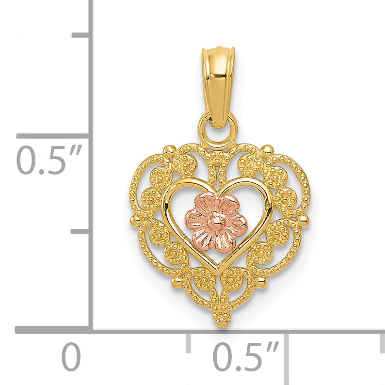 10K Two-tone Polished Flower in Fancy Border Heart Pendant-10K4012