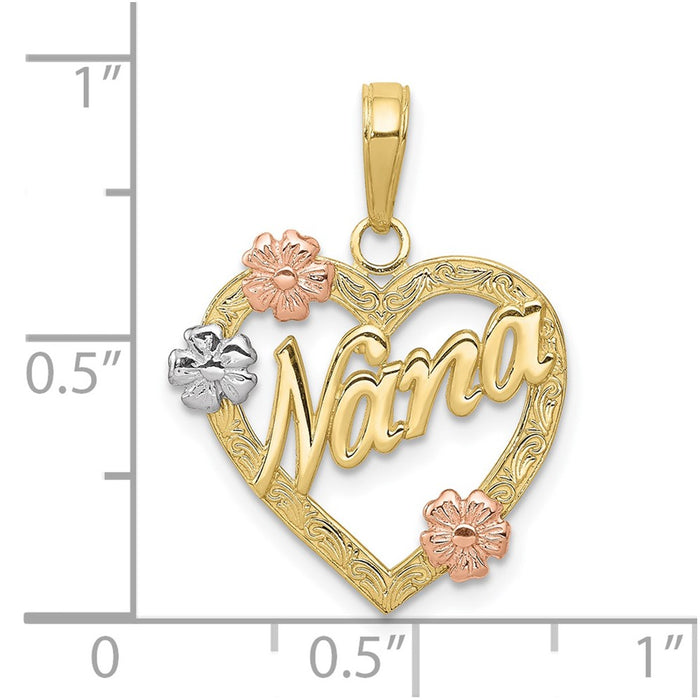 10K Tri-color Nana in Heart with Flowers Pendant-10K4083