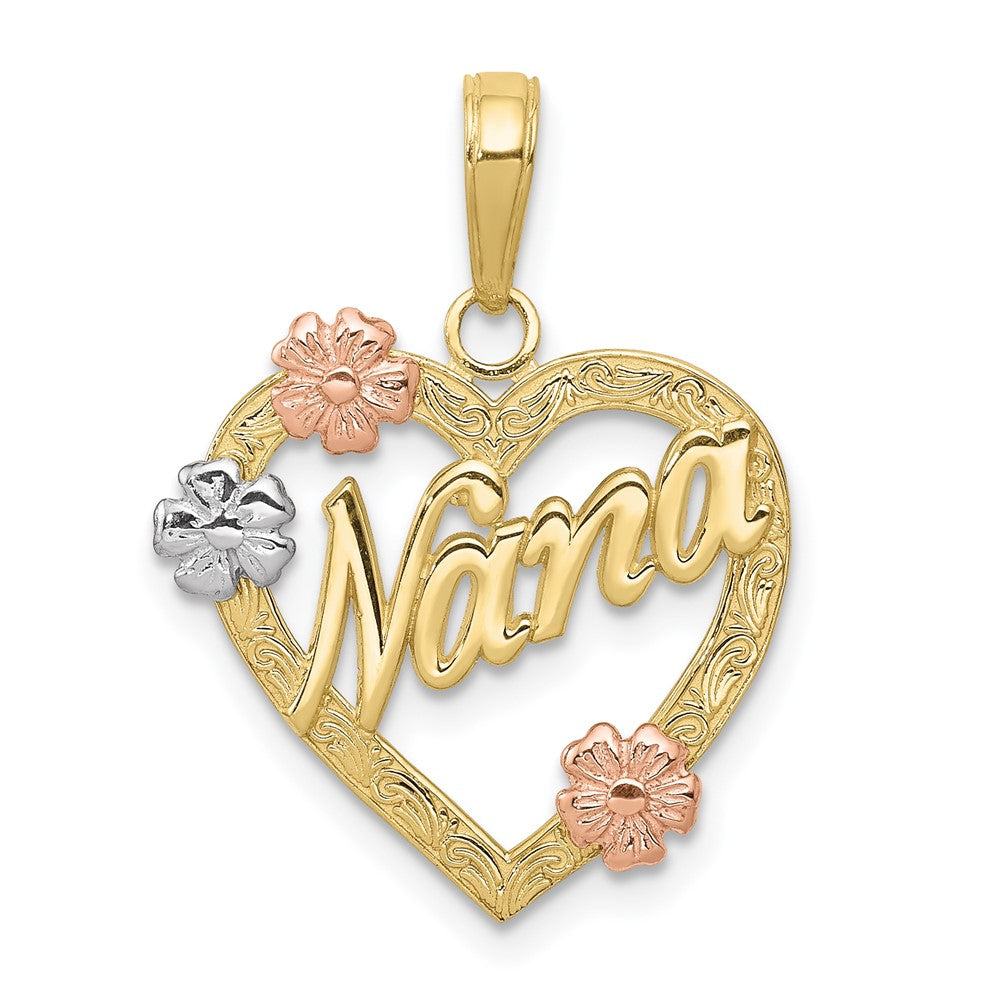 10K Tri-color Nana in Heart with Flowers Pendant-10K4083