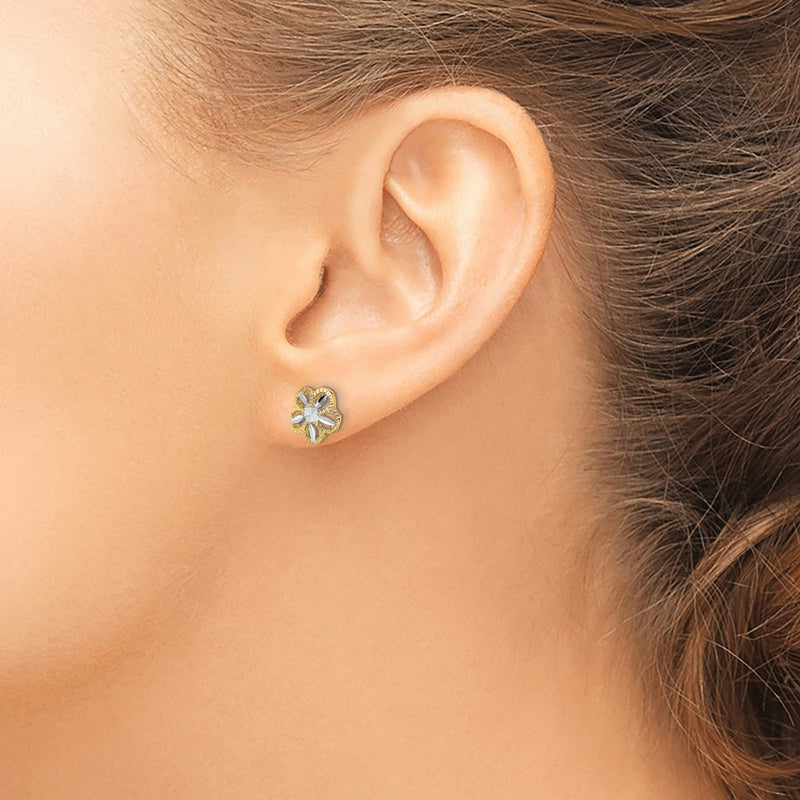 10K w/Rhodium Diamond-cut Flower Post Earrings-10K4410