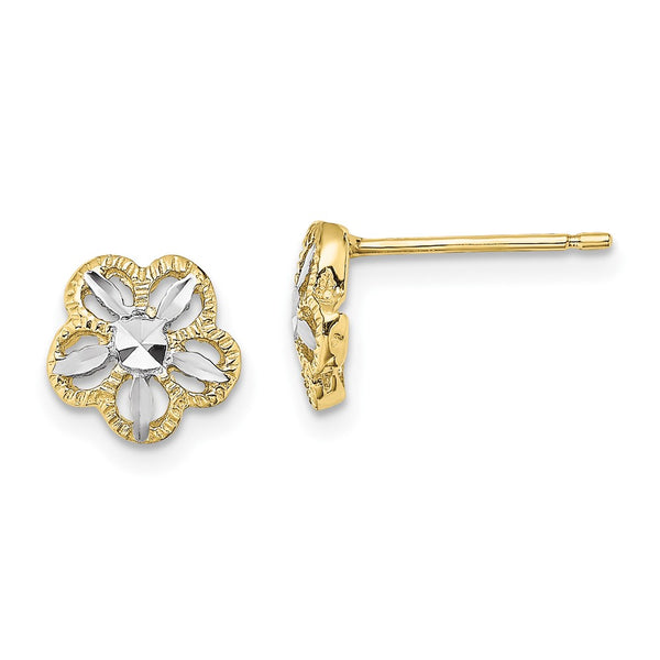 10K w/Rhodium Diamond-cut Flower Post Earrings-10K4410